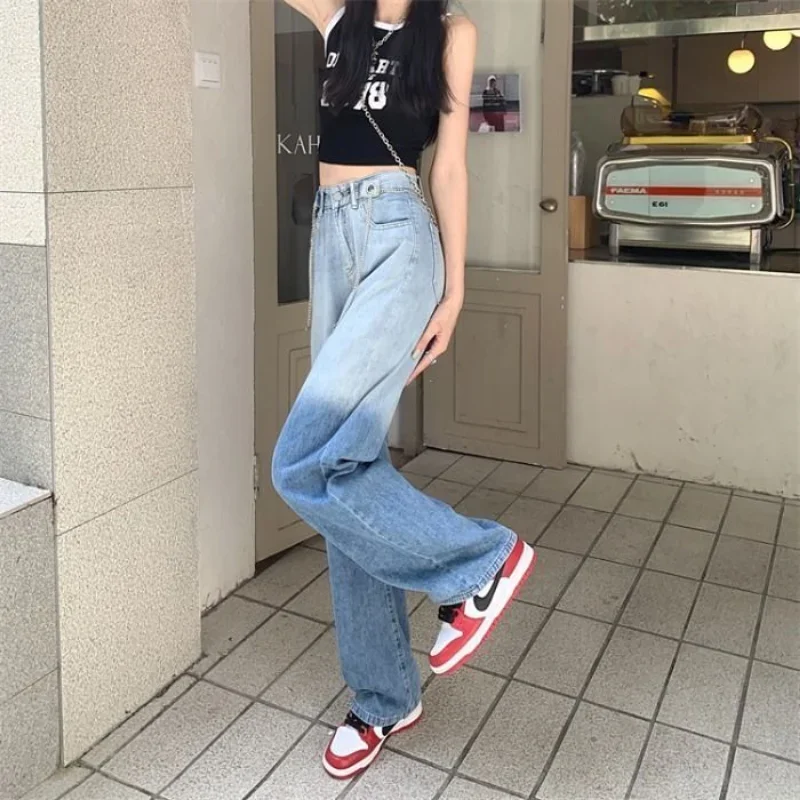 

Gradient Color Jeans Women Chain American Style Loose Chic BF High Waist Streetwear Fashion Ins Trousers Cozy Vintage Hotsweet