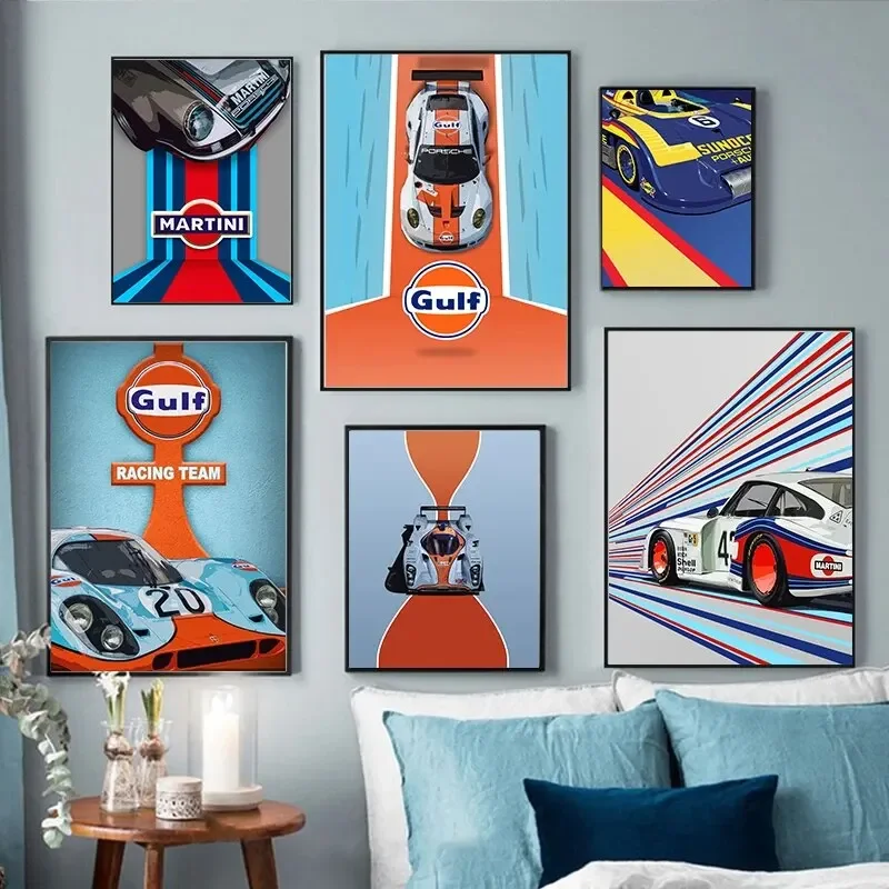 Vintage Motorsport Car Poster Blue Style Gulf Racing Team High Quality Canvas Painting Ideal for Living Room Wall Decor