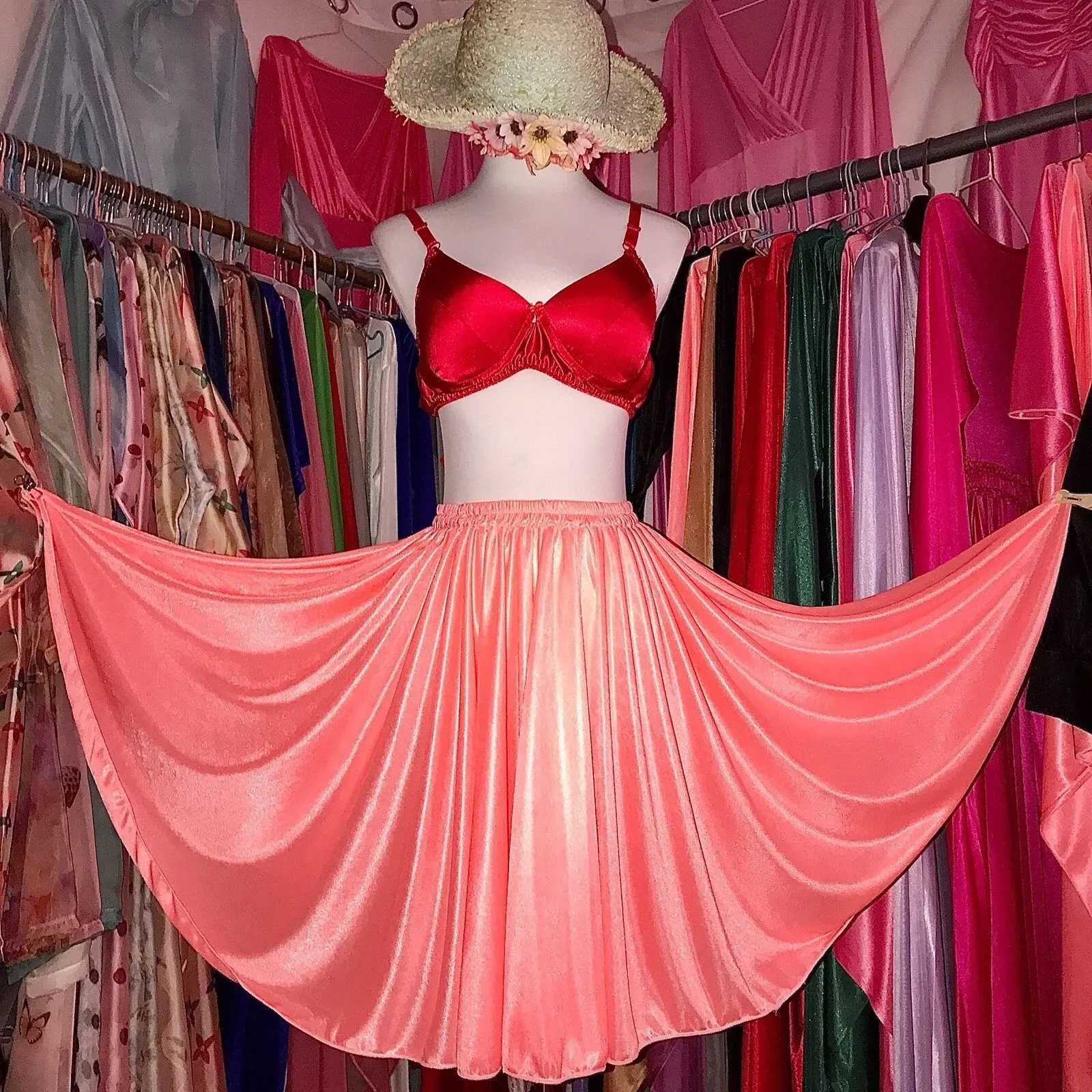 Length50-55cm الصيف الحرير الحرير مثير المرأة عالية الخصر ميدي تنورة لامعة قيعان فضفاضة #3