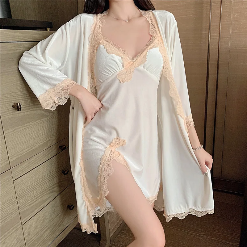 

Robe Set Women Velour Lace Bathrobe Gown Suit Autumn Winter Sleepwear Kimono Twinset Nightgown Nightwear Velvet Home Dress