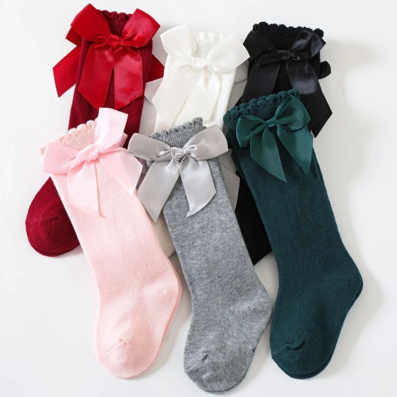 1/5 Pairs All Season Girls Bow Decor Knee High Socks, Vertical Rib Elastic Toddler Kids Long Stockings with Big Satin Bow