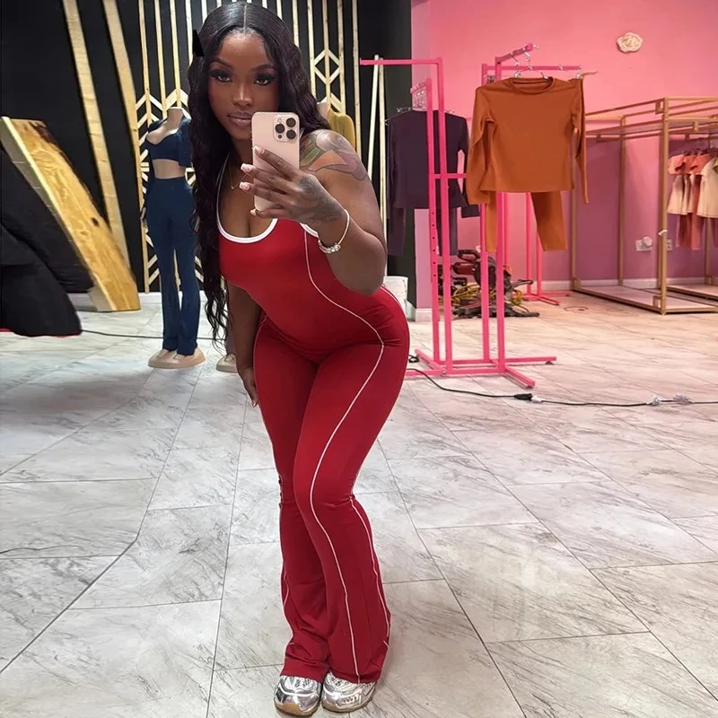 BWQ ファッション女性背中の開いたノースリーブストライプスプライシングフィットネスヨガタンクジャンプスーツ 2025 夏服ワンピーススーツロンパース