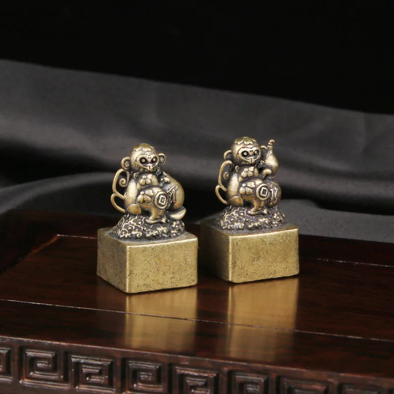 Brass Treasure Monkey Seal Desktop Ornament Antique Miscellaneous Study Use Seal Crafts Ornament Bronze Ware