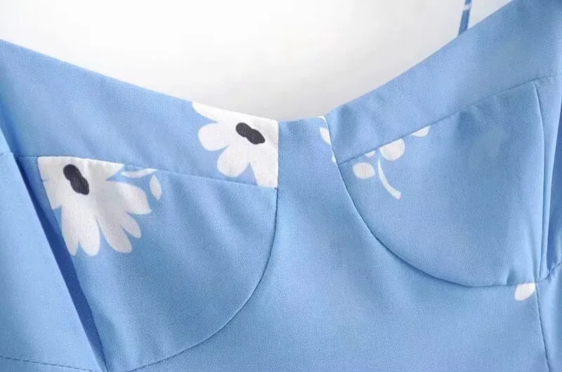 Sexy Women Corset Style Hem Slit Midi Robe Vestido Retro French Women Blue Daisy Flower Print Bow Lacing Up Sling Dress Retro