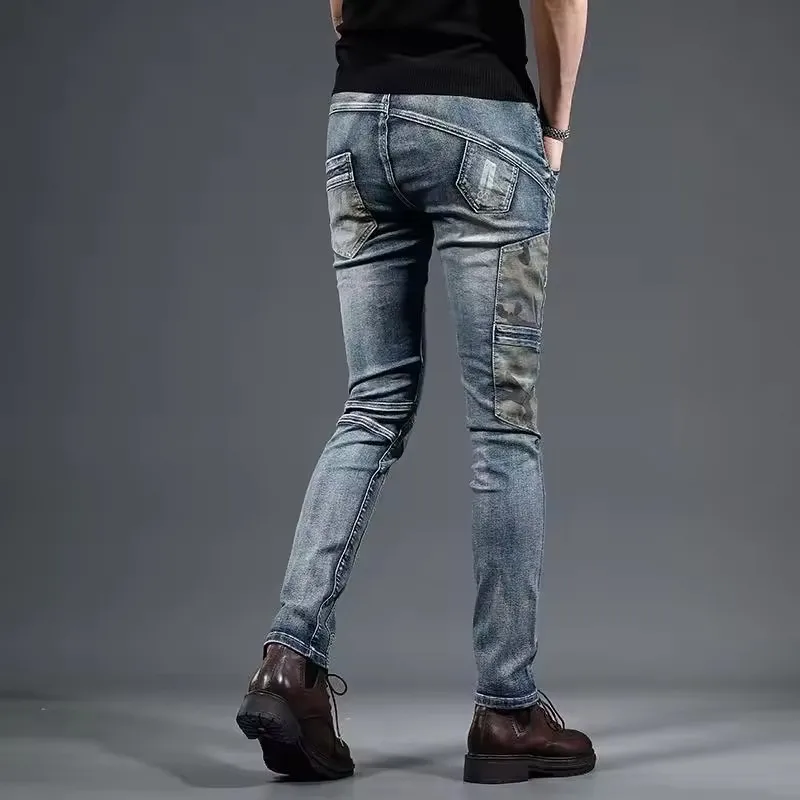 2025 الرجال طحن الجينز الأبيض سليم صالح الجينز الرجال الموضة الكلاسيكية الدنيم نحيل الجينز الذكور الرجال عادية سروال شكل قلم رصاص بنطلون