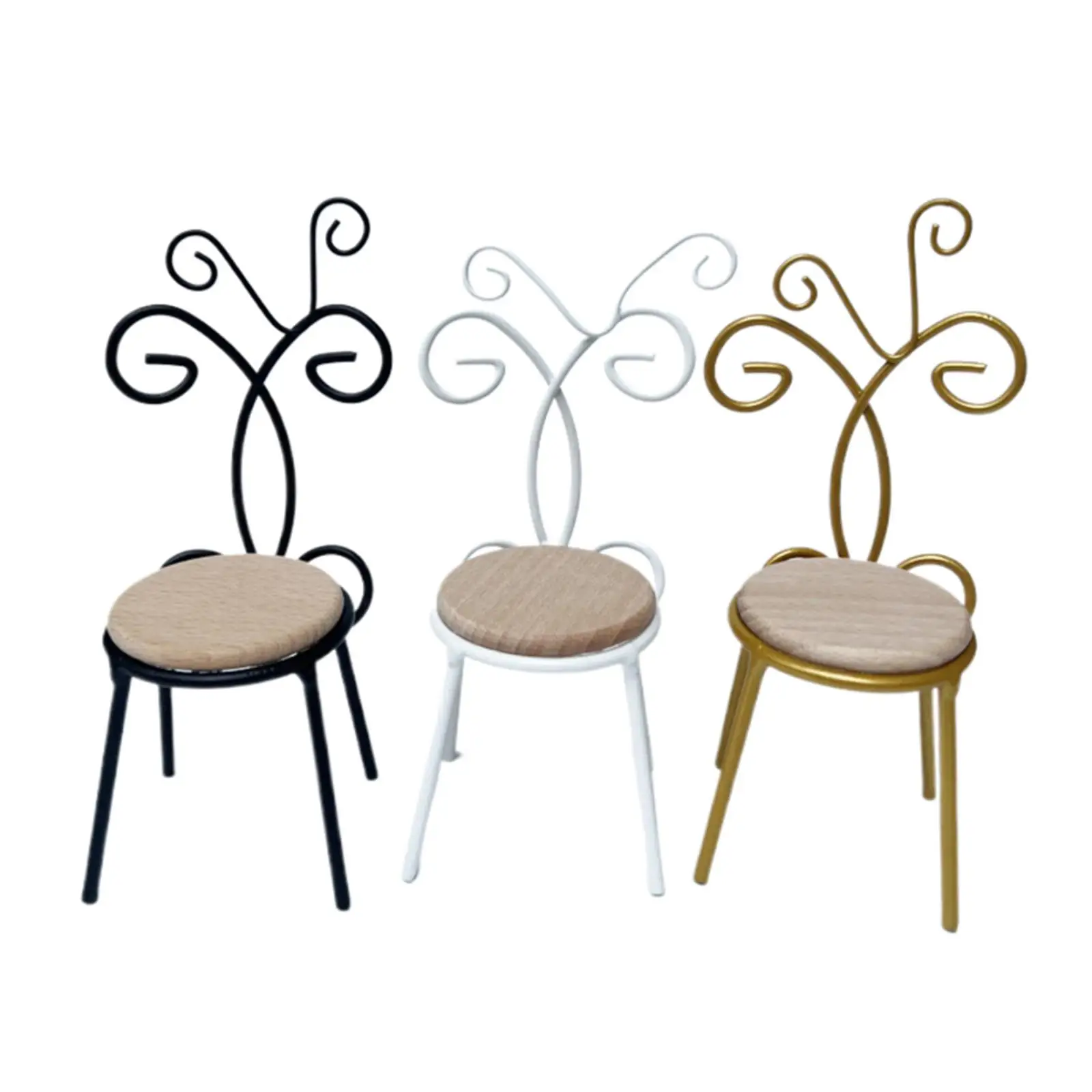 Mini cadeira para casa de bonecas, mini modelo de móveis, assento traseiro de arte em ferro em escala 1/6 para acessórios de cena diy, jogo de simulação de casa de bonecas