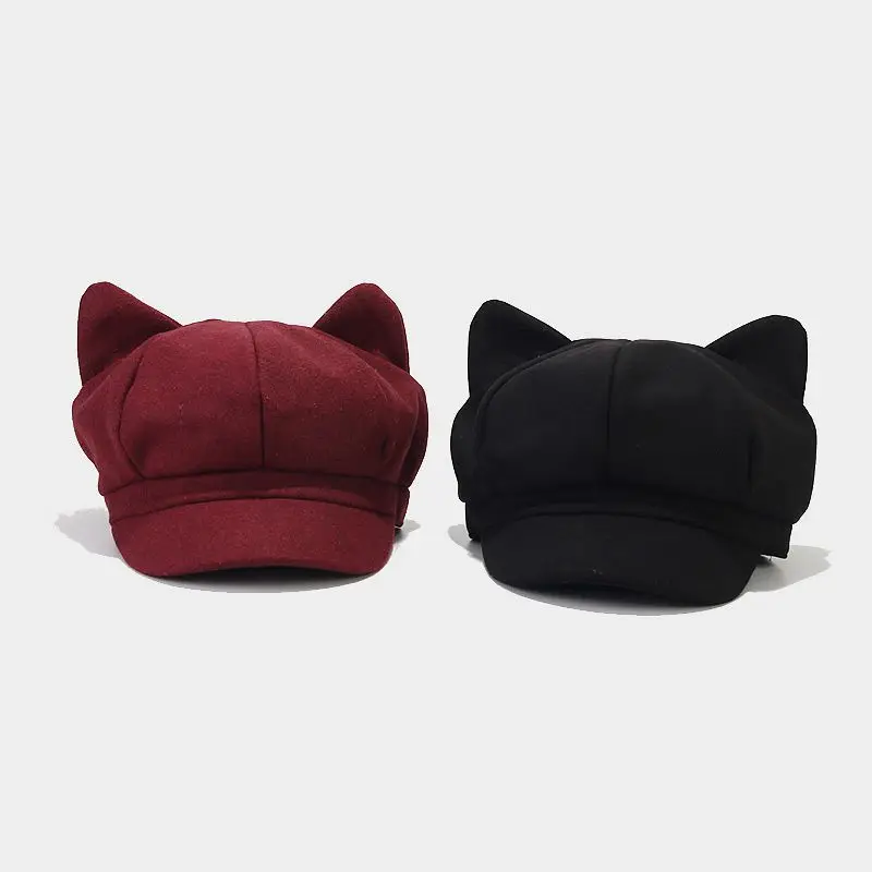 Winter New Cat Ear Beret Hat Women Plain English Retro Wool Felt Baker Boy Cap for Women Cute Octagonal Newsboy Cap
