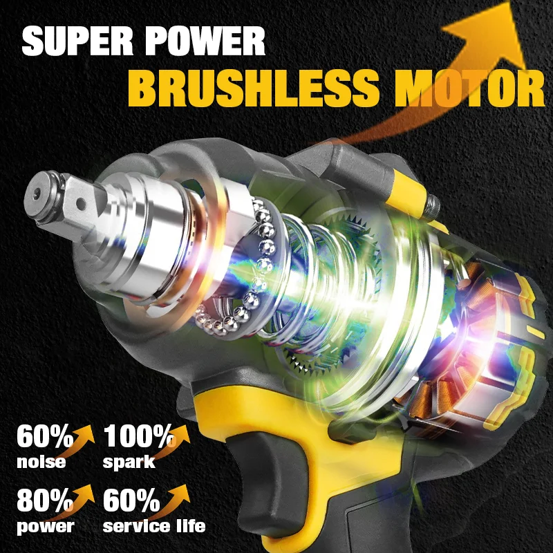 1000N·M High-torque Brushless Electric Wrench 1/2 Inch Impact Wrench Large Machine Service Tool For Dewalt 20V Battery Pin image 5