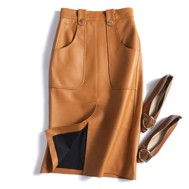 Fashion New Genuine Leather Skirt for Women Office Lady Sheepskin Wrap Big Pockets Long Faldas Mujer Mid Length Front Slit Saia