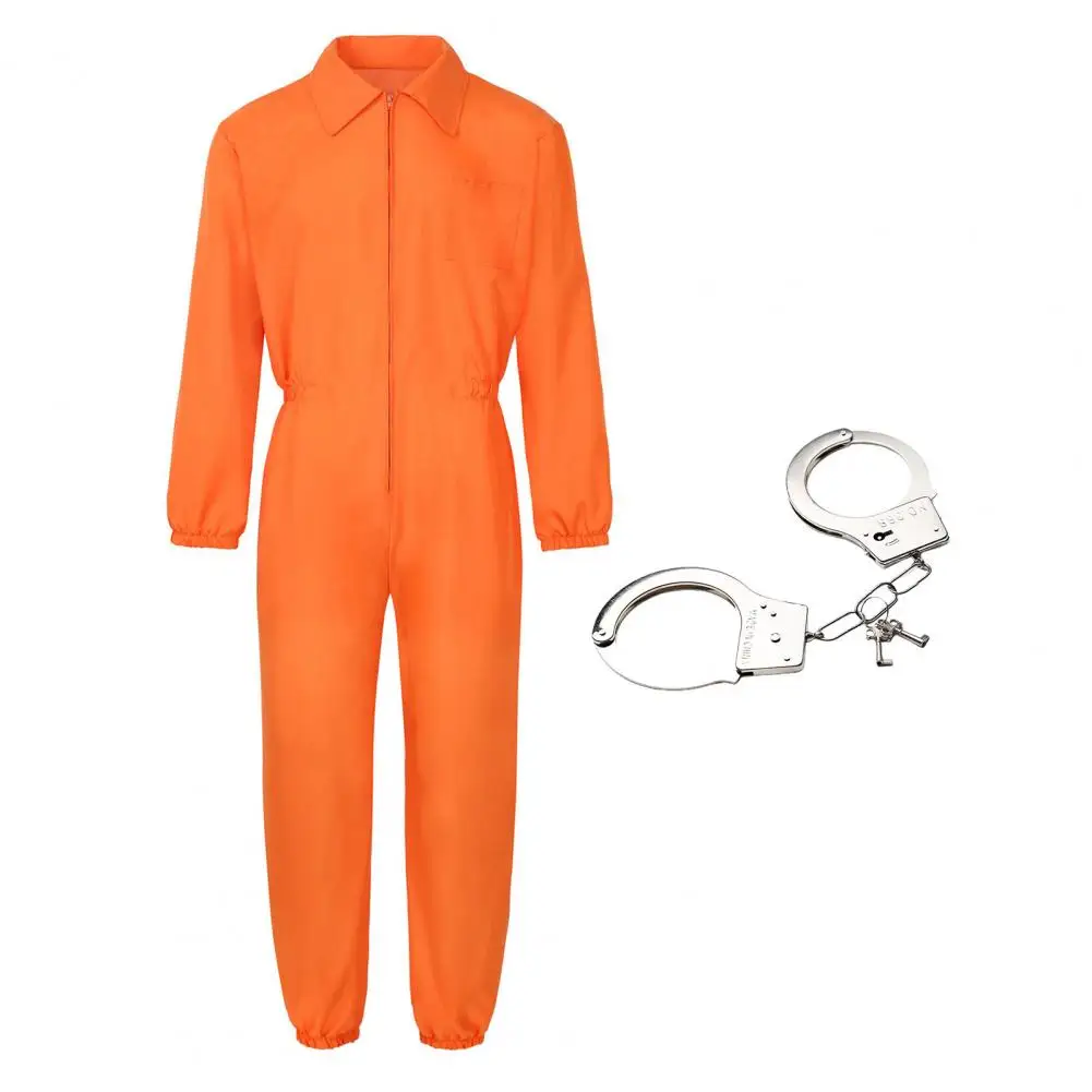 Halloween Prisoner Cosplay Jumpsuit With Manacle Halloween Unisex Role Play Outfit Lapel Zipper Festivals Parties Shows Costume