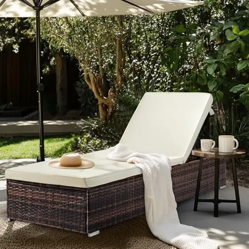 Outdoor Chaise Lounge, Wicker Recliner w/Adjustable Backrest, Thick Water Repellent Cushions, Patio Rattan Lounge
