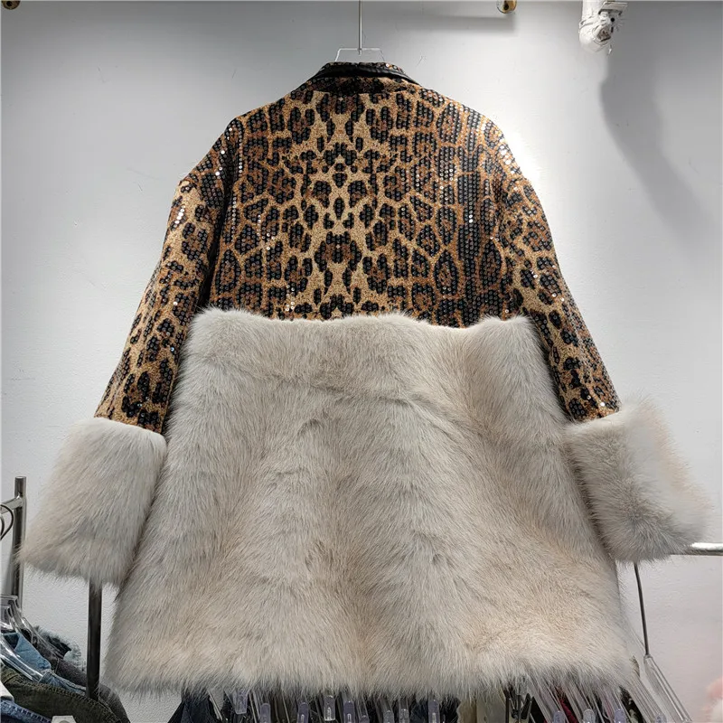 Przemysł ciężki cekinowy płaszcz ze sztucznego futra z klapami wszechstronna moda płaszcz z imitacji futra zimowe ubrania damskie 2024 modne płaszcze