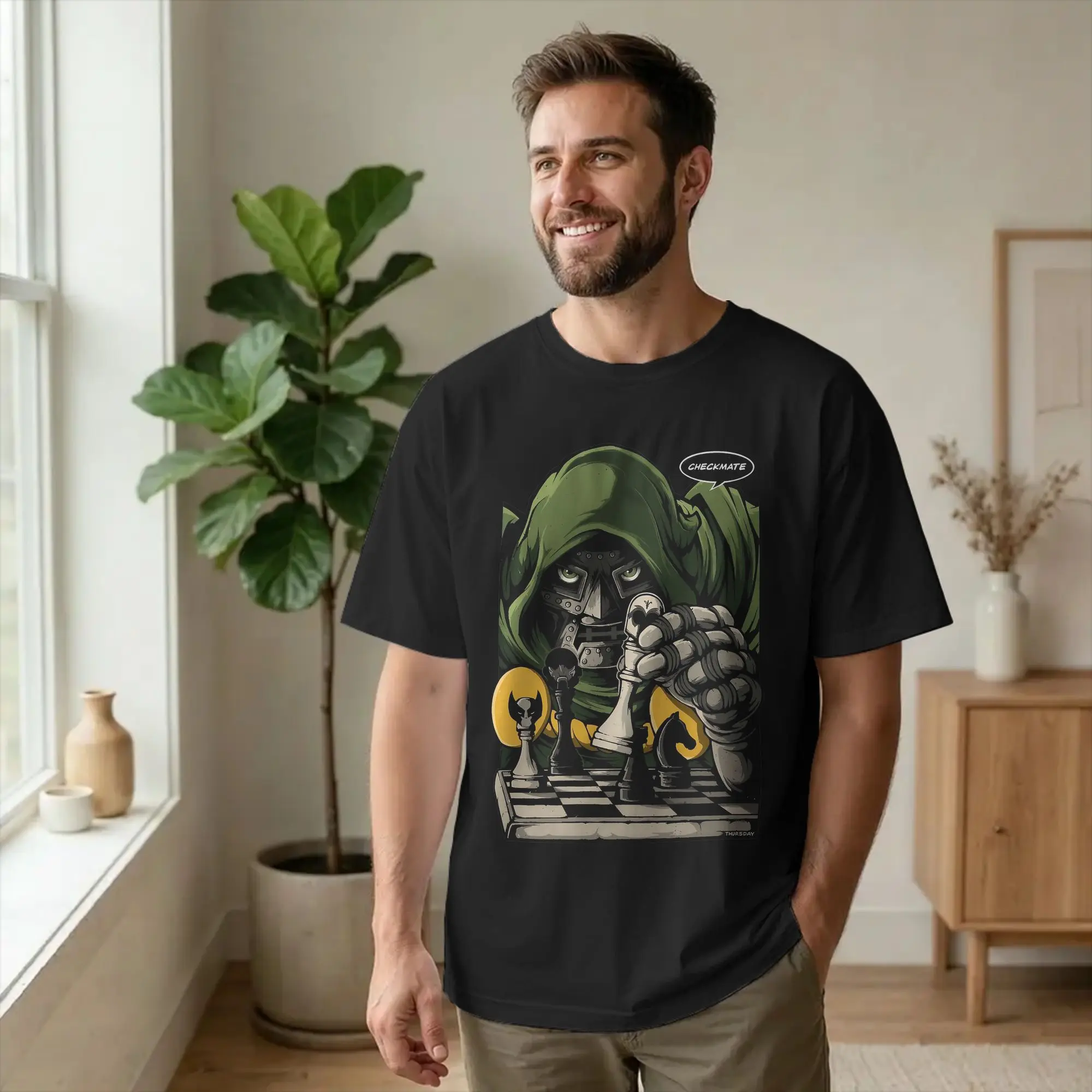 Kawaii Dr Dooms Checkmate Chess Comic T Shirt Men's 100%Cotton Short Sleeve O-neck Summer Tops Shirts