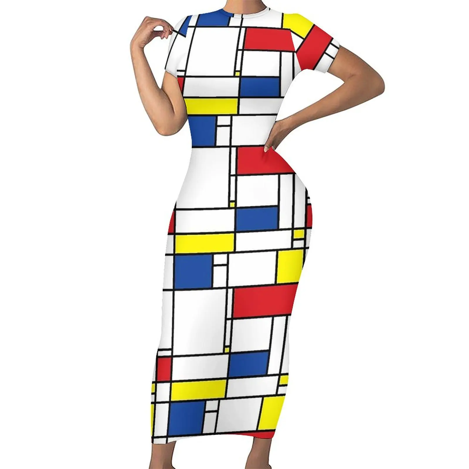 Mondrian Print Dress Female De Stijl Modern Art Aesthetic Bodycon Dress Holiday Short Sleeve Cute Maxi Dresses Oversize Vestidos