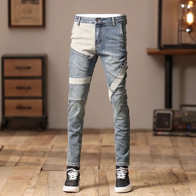 

Street Fashion Men Jeans Retro Washed Blue Stretch Skinny Fit Ripped Jeans Men Spliced Designer Hip Hop Denim Biker Pants Hombre