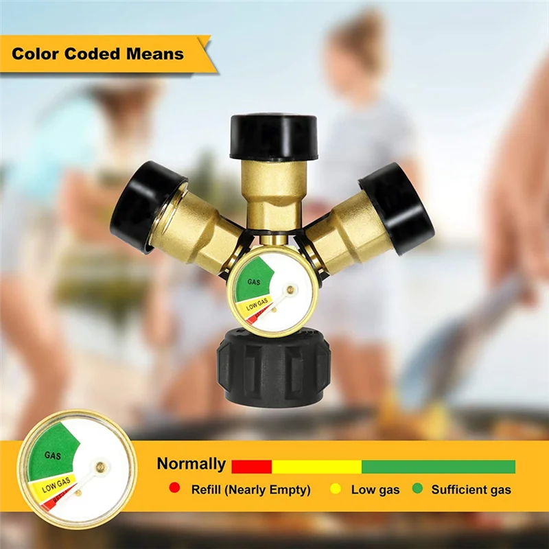 New 3 Way Propane Splitter with Gauge and Shut-Off Valve, 3 Y Propane Gas Splitter, Propane LP Tank Tee Gauge Adapter