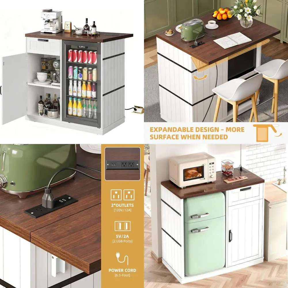 Mobile Mini Fridge Cabinet with Drop Leaf and Power Outlet, 39.4 W x 31.5 D