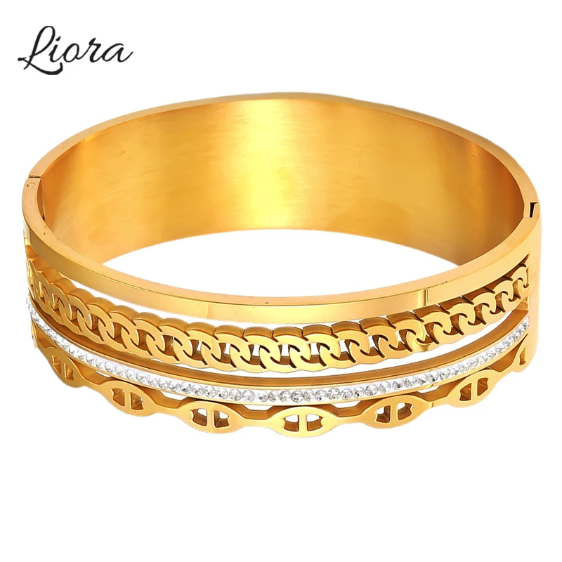 

Liora Luxury Wide Bangles For Women 316L Stainless Steel Wristband Rhinestone Bracelet Woman Heavy Waterproof Fashion Jewelry