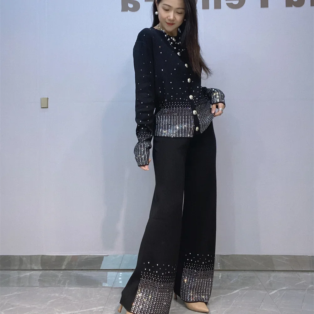 Fashion Lady Two-piece Sets Hot Drilling Elegant Single-breasted Cardigans Coat + Wide Leg Casual Straight Pants Knitted Suits