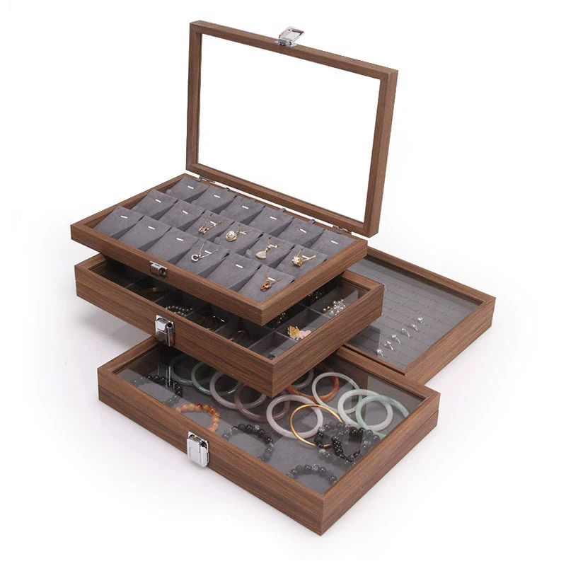

Brown Graining Inner Gray Velvet Jewelry Box With Glass Cover Storage Ring Earring Bracelet Necklace Display Organizer Case