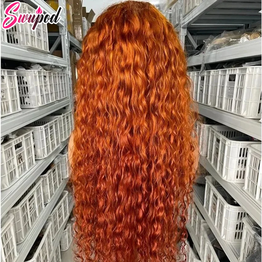 Swupod 13x4 13x6 200 Density Transparent HD Lace Front Wig for Women Water Wave Remy Human Hair Ginger Orange Color Glueless