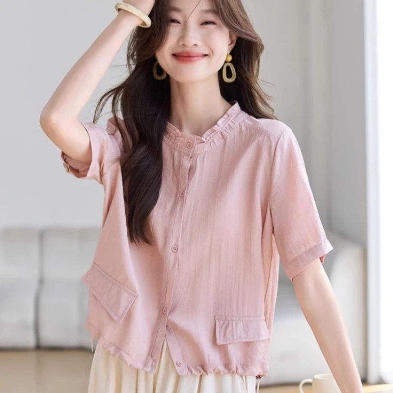 

Chiffon Women's Blouses Korean Shirts Fashion Loose Spring/summer Casual Clothing Solid Short Sleeve Women Tops