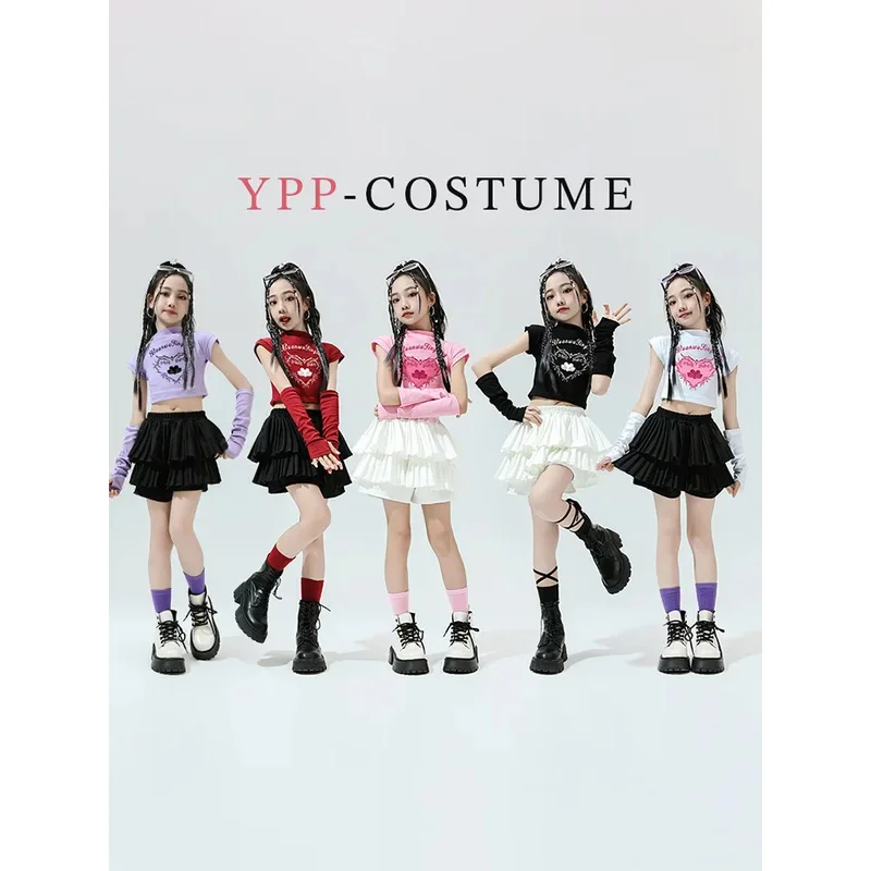 طفل لطيف الهيب هوب الملابس الوردي طباعة المحاصيل تي شيرت الأكمام الأبيض الطبقات مطوي تنورة صغيرة للفتيات ملابس رقص الجاز الملابس