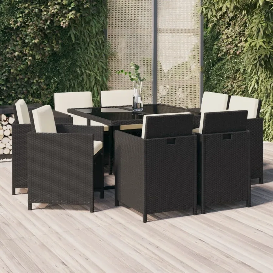 

9 Piece Patio Dining Set with Cushions Poly Rattan Black