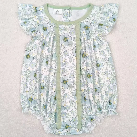 Boutique Baby Infant Rompers Blue Green Flowers Flutter Sleeve Rompers Fashion Summer Toddler Baby Girls Bubble Rompers