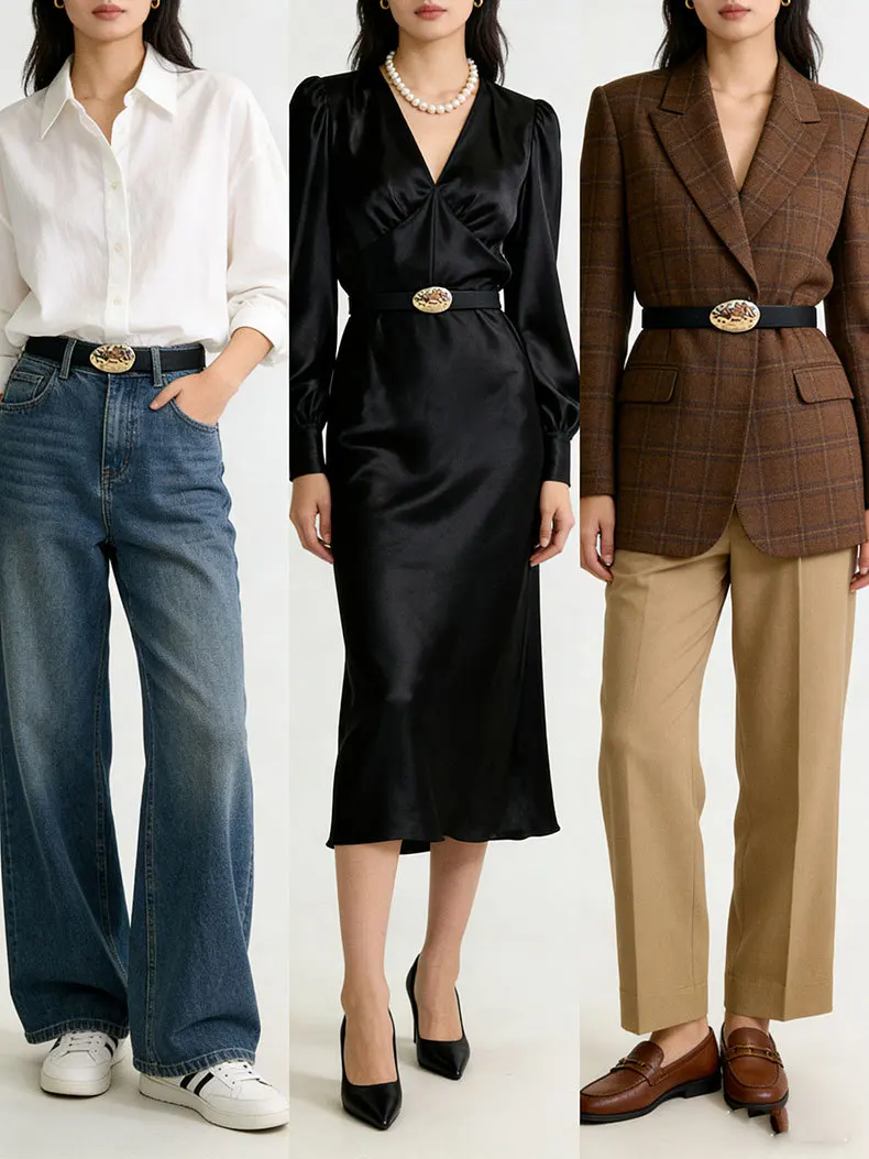 New stylish niche-design minimalist oval leather buckle a sophisticated commuter belt that pairs perfectly with jeans