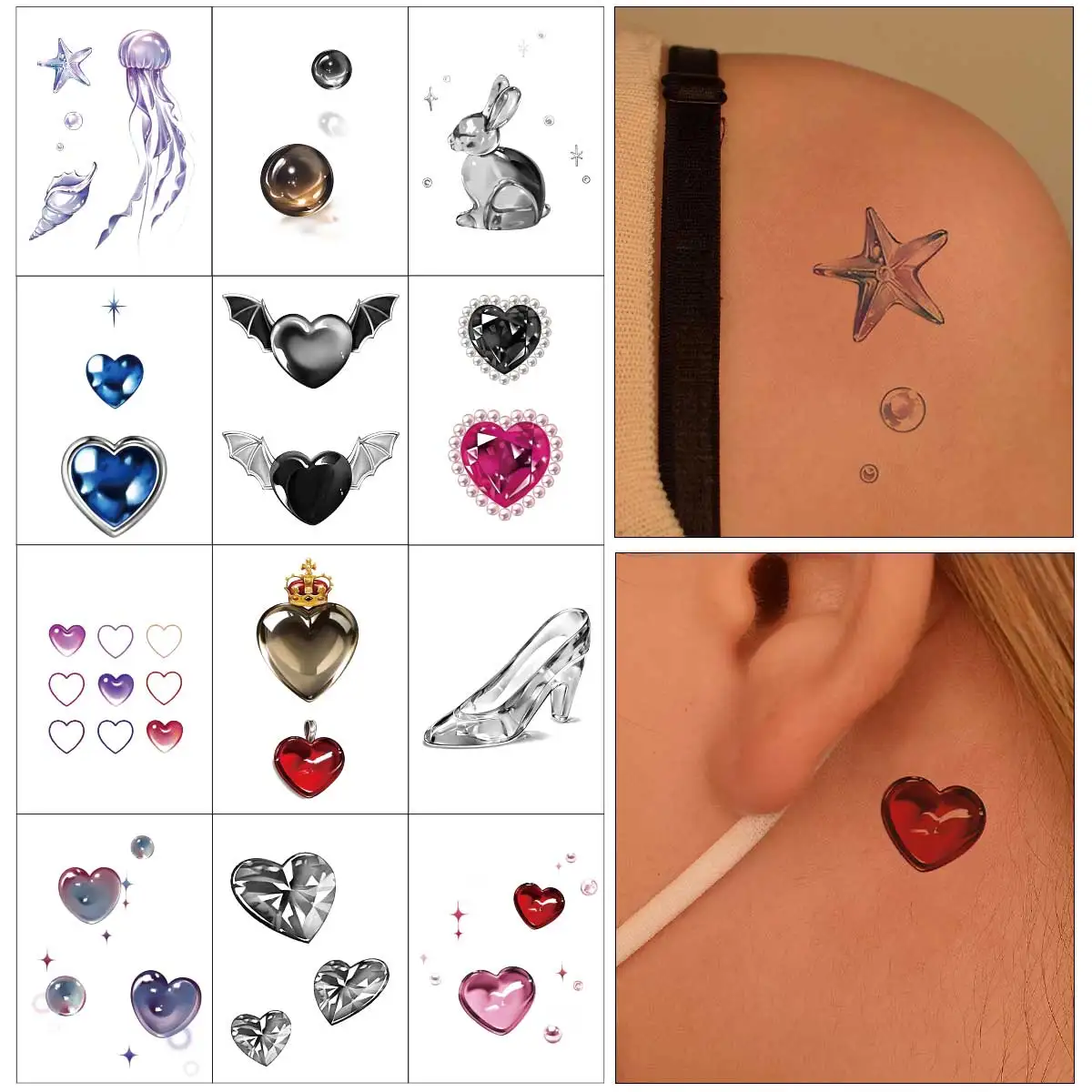 

12pcs Y2K Creative Design Girls and Children Stickers Colorful Cartoon Heart Tattoo Stickers Disposable Tattoo Art