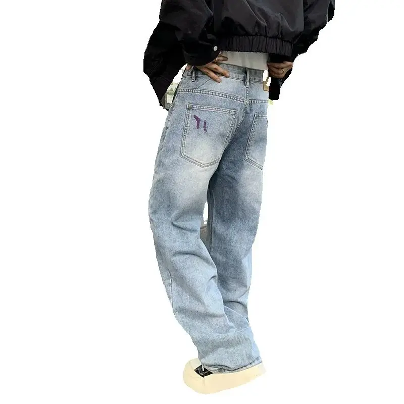 High Street Jeans Retro Old Patch Hole Trousers Men Loose Straight Denim Pants Fashion Bottoms PLus Size 40 Blue