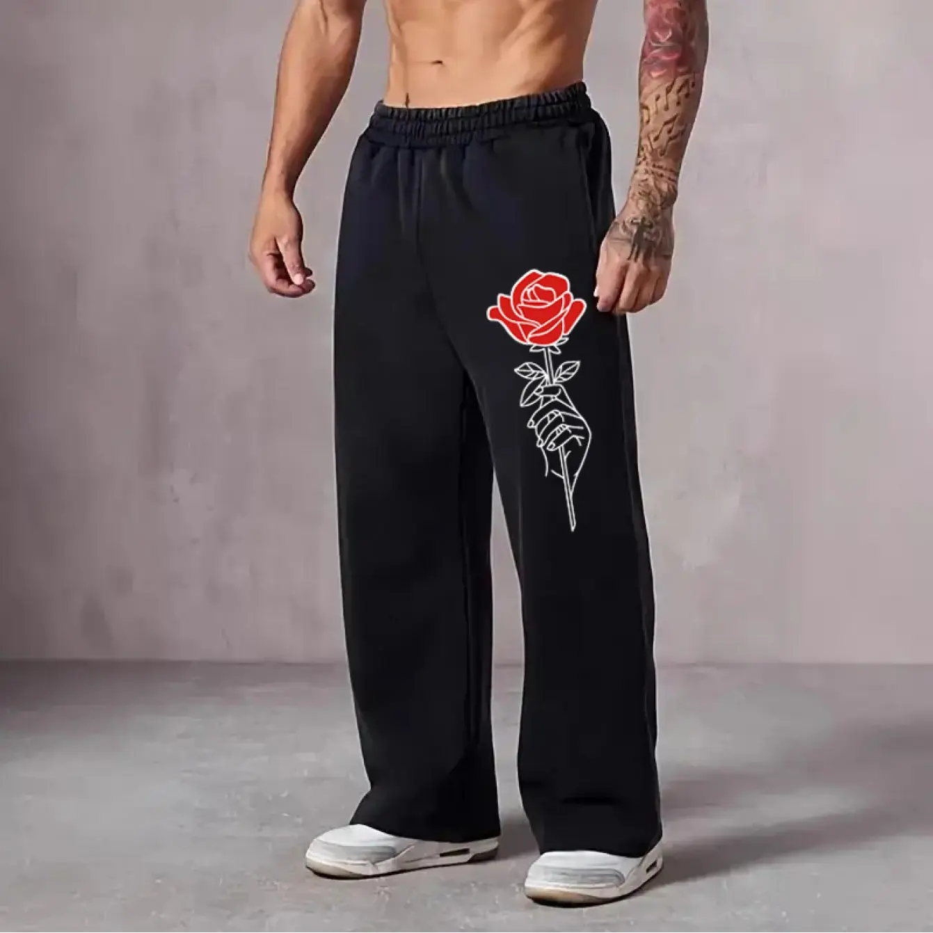 

Men's Black Sports Jogging Pants with Red Rose Print Loose Straight Leg Winter Pants Casual and Comfortable, Fashionable To Wear