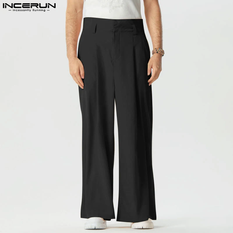 

INCERUN 2024 American Style Trousers Fashion Men High Waisted Design Long Pants Casual Streetwear Solid Wide Leg Pantalons S-5XL