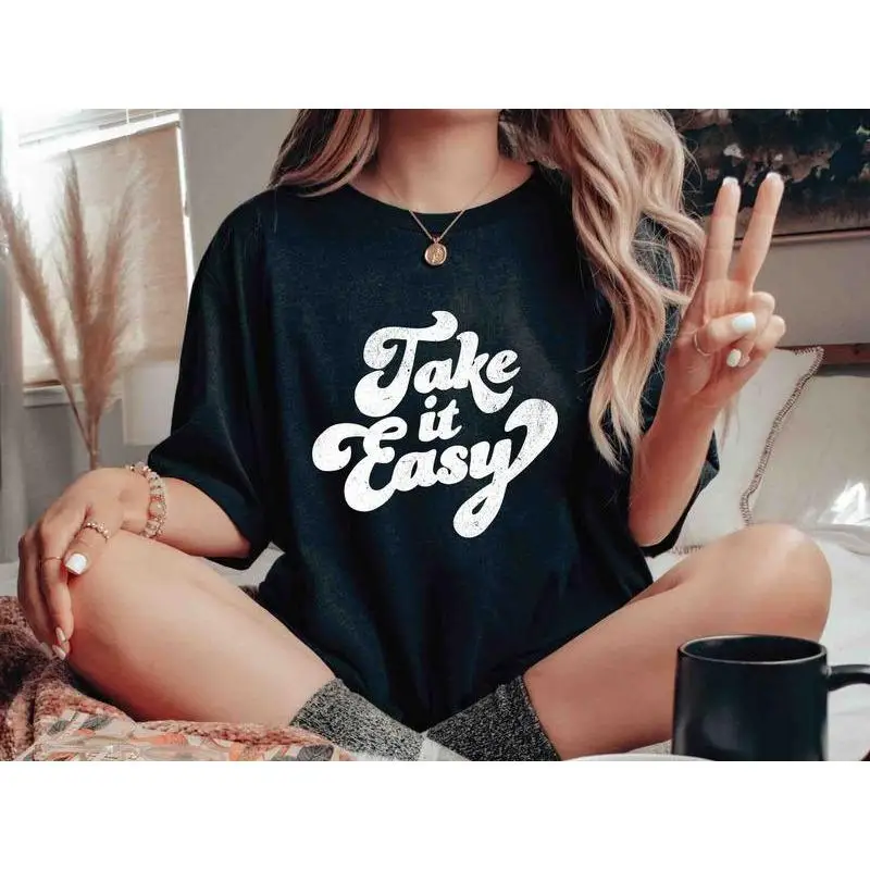 

Women's Take it Easy T-shirt Retro Slogan Tee Funny Casual Top Short Sleeve