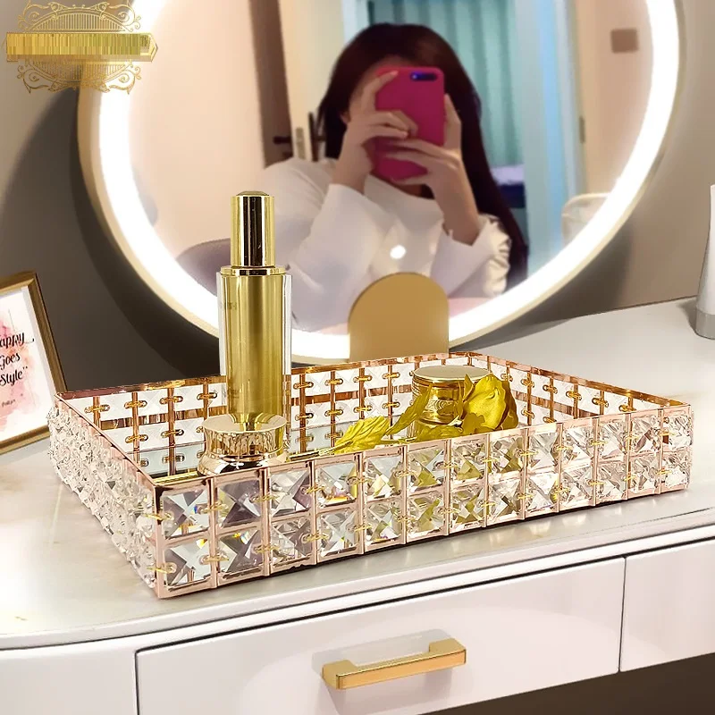 Light luxury European style crystalMirror Base Tray Wedding Food Serving Jewelry Makeup Display PlateCosmetic storage tray