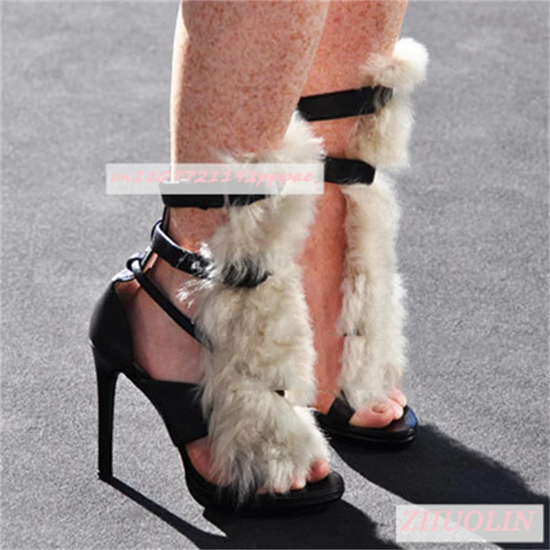 

Женские белые меховые сандалии, ботинки с открытым носком, ремень на шпильке, пряжка, высокие каблуки, летние пикантные туфли для выпускного вечера, современные туфли-гладиаторы большого размера 46