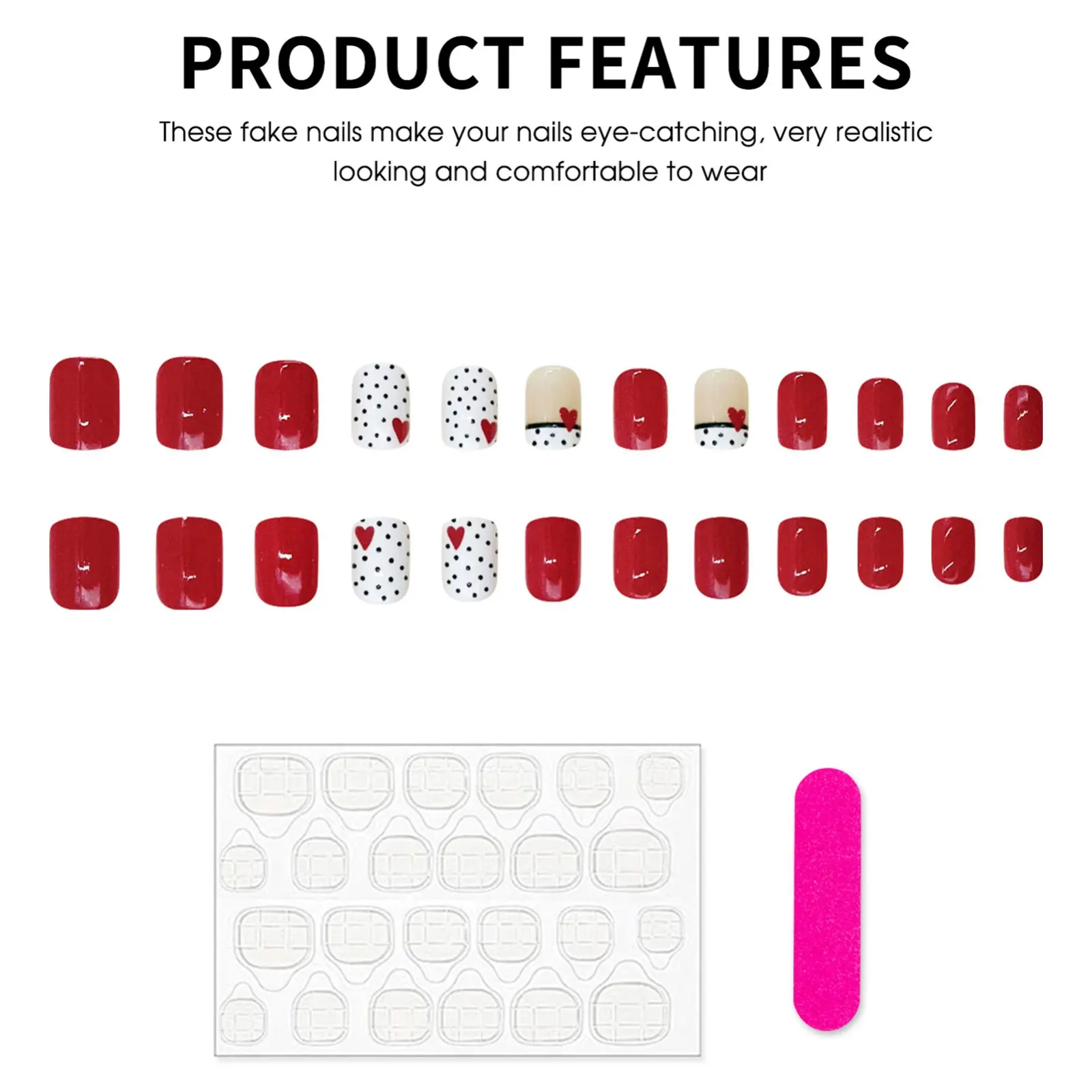 Easy-Apply Press on Nails Stylish Short Squoval for Dating Party Black White Polka Dot Red Heart Resin False Nails 24pcs