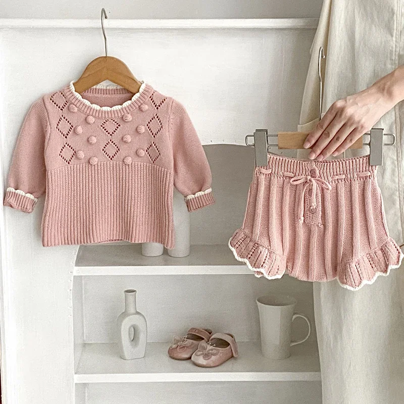 

Children Knitted Clothes Suit New Autumn Newborn Baby Girls Clothing Set Long Sleeved Solid Color Knitted Pullover+Shorts Set