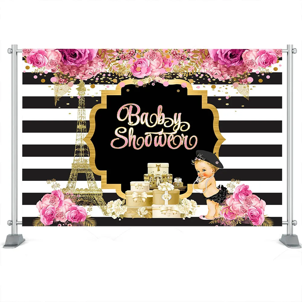 Fondo de Torre Eiffel para Baby Shower Mocsicka, telón de fondo de fiesta rosa para niña, decoración de pastel a rayas blancas y negras, estudio fotográfico