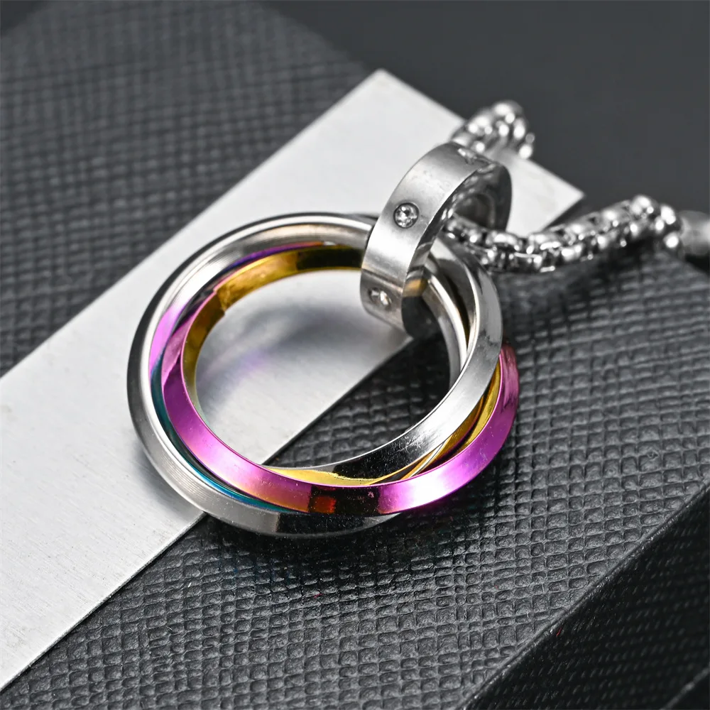 Casual Simple Interlocked 3 Circle Necklace for Men Women Chain Round Circle Pendant Stainless Steel Hippie Neck Collar Jewelry