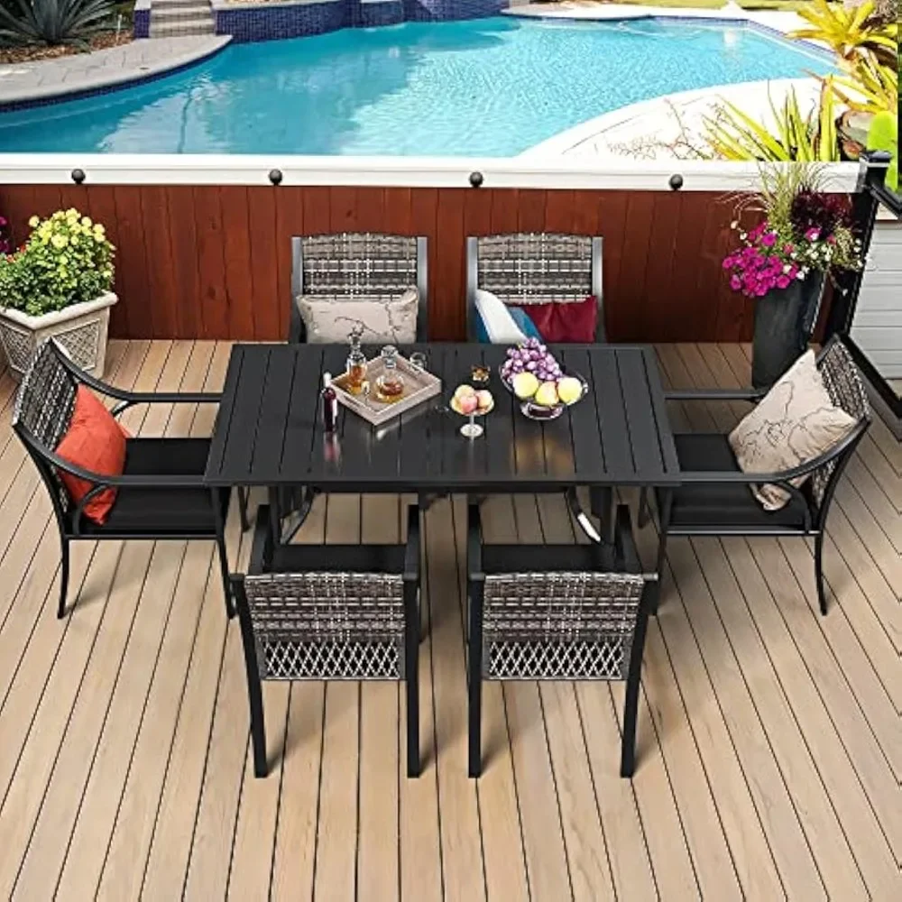 7 Piece Patio Dining Set, Outdoor Patio Wicker Dining Table Furniture Set with All Iron Frame for Garden, Removable Cushions