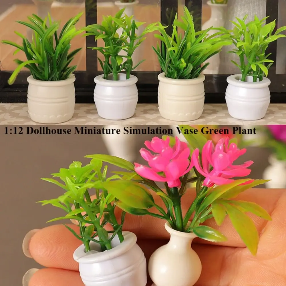 1:12 Dollhouse Miniature Plastic Simulation Vase Green Plant Finished Flower Outdoor Doll House Model Accessories