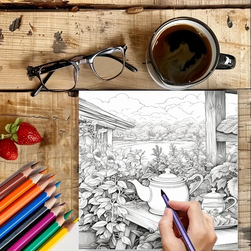 Tea In The Gardens Coloring Book for Adults, Beautiful Colouring Drawing Pages, Birthday Gift & Back to School Art Supplies view 3