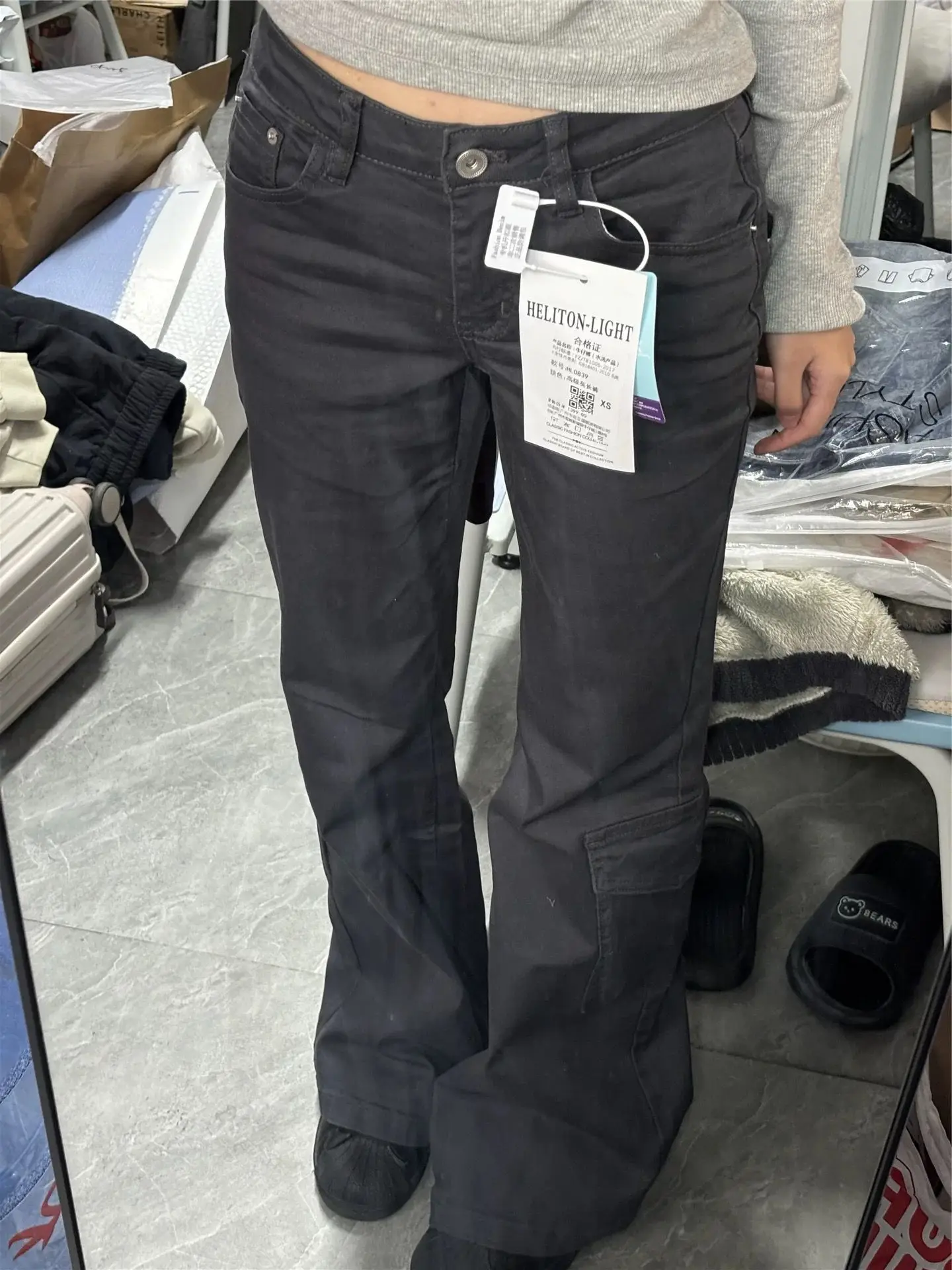 Y2K Multi Pocket Work Pants Women Spring Smoke Gray Low Waist Slightly Flared Jeans Slim Fit Slimming