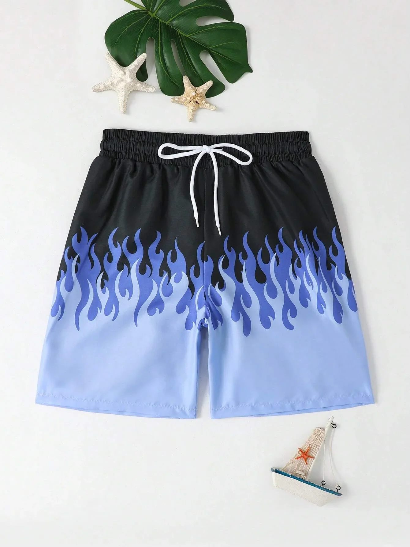 Summer Hawaiian flame Print Boardshorts Unisex for Men, Teens & Young Adults, Quick Dry Loose Fit Casual Beach Swim Shorts