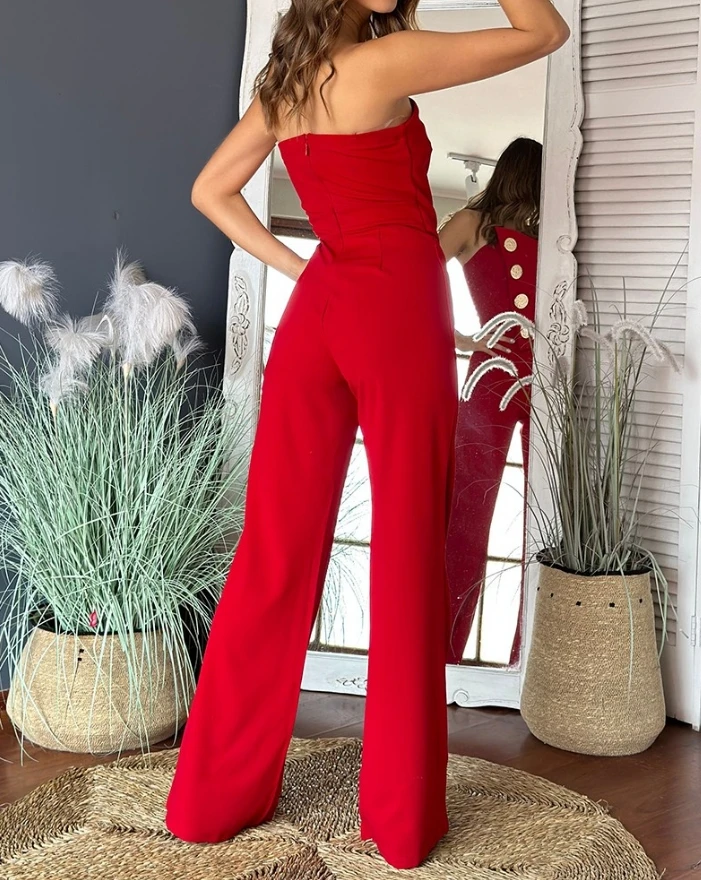 Womens Jumpsuits Daily Clothing Fashion Asymmetrical Bandeau Strapless Jumpsuit Metal Button Decor Plain Women's Casual Overalls