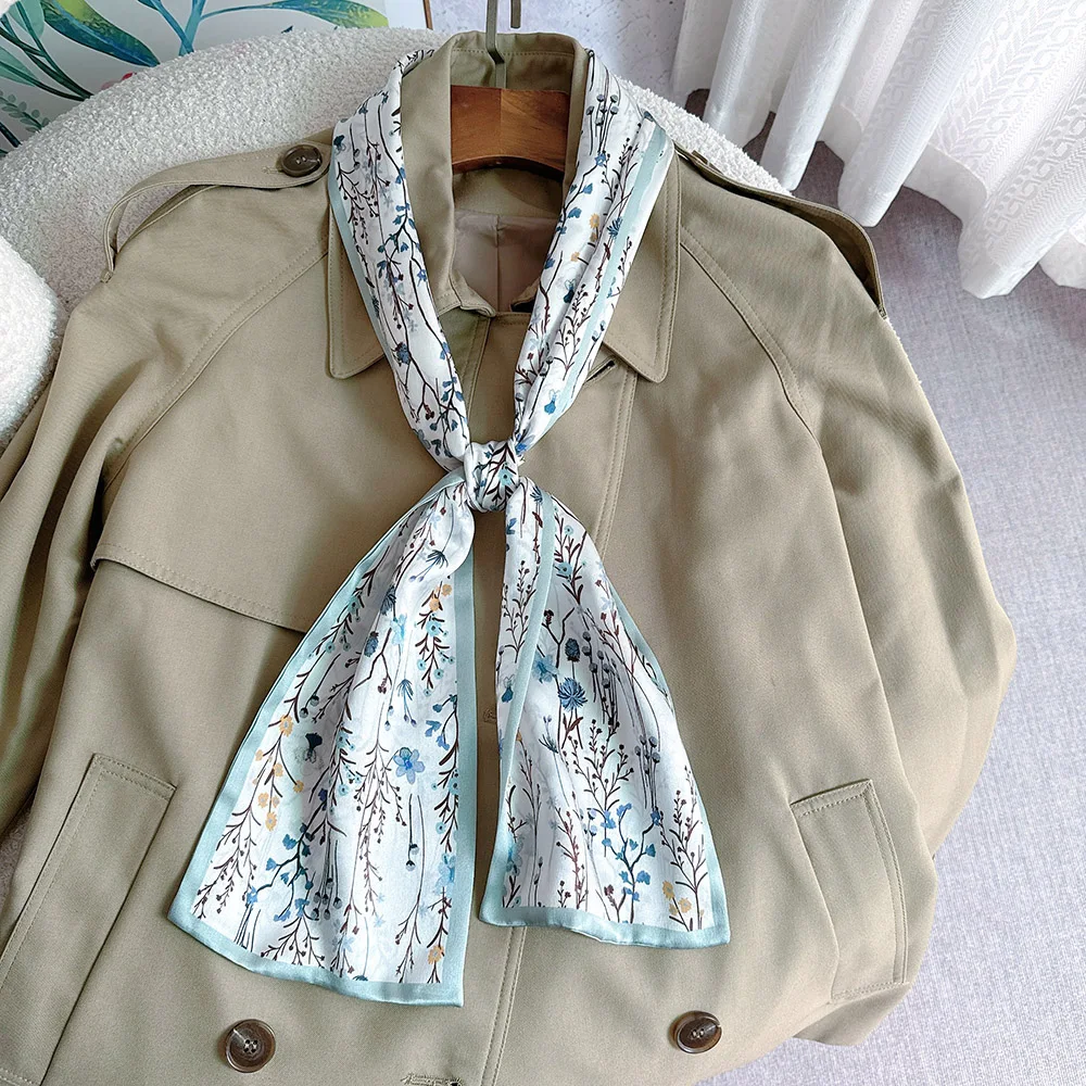 

Шелковый шарф с цветочным принтом, тонкий летний длинный узкий шарф для волос, лента для галстука, пояс, аксессуар, повязка на голову для макияжа, женская повязка на голову, 100% шелк