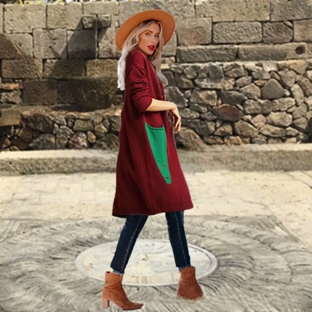 

Color-Block Mid-Length Knitted Cardigan Autumn Winter Outwear Loose Fit with Flap Pocket European American Style for Women