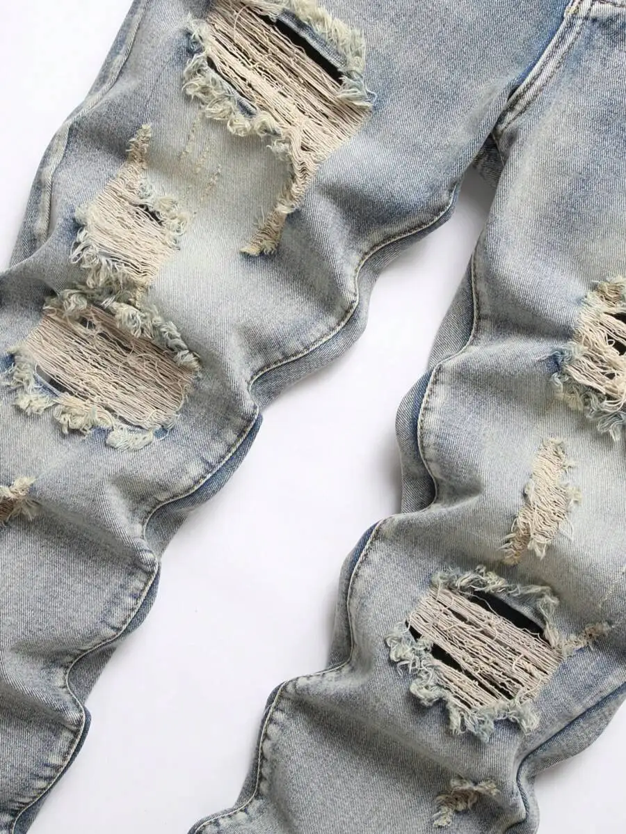 

Men Ripped Frayed Bleach Wash Denim Jeans